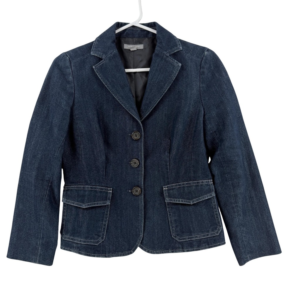 Ann Taylor Blazer Womens Petite‎ 0P Blue Denim Button Front Lined Classic Jacket